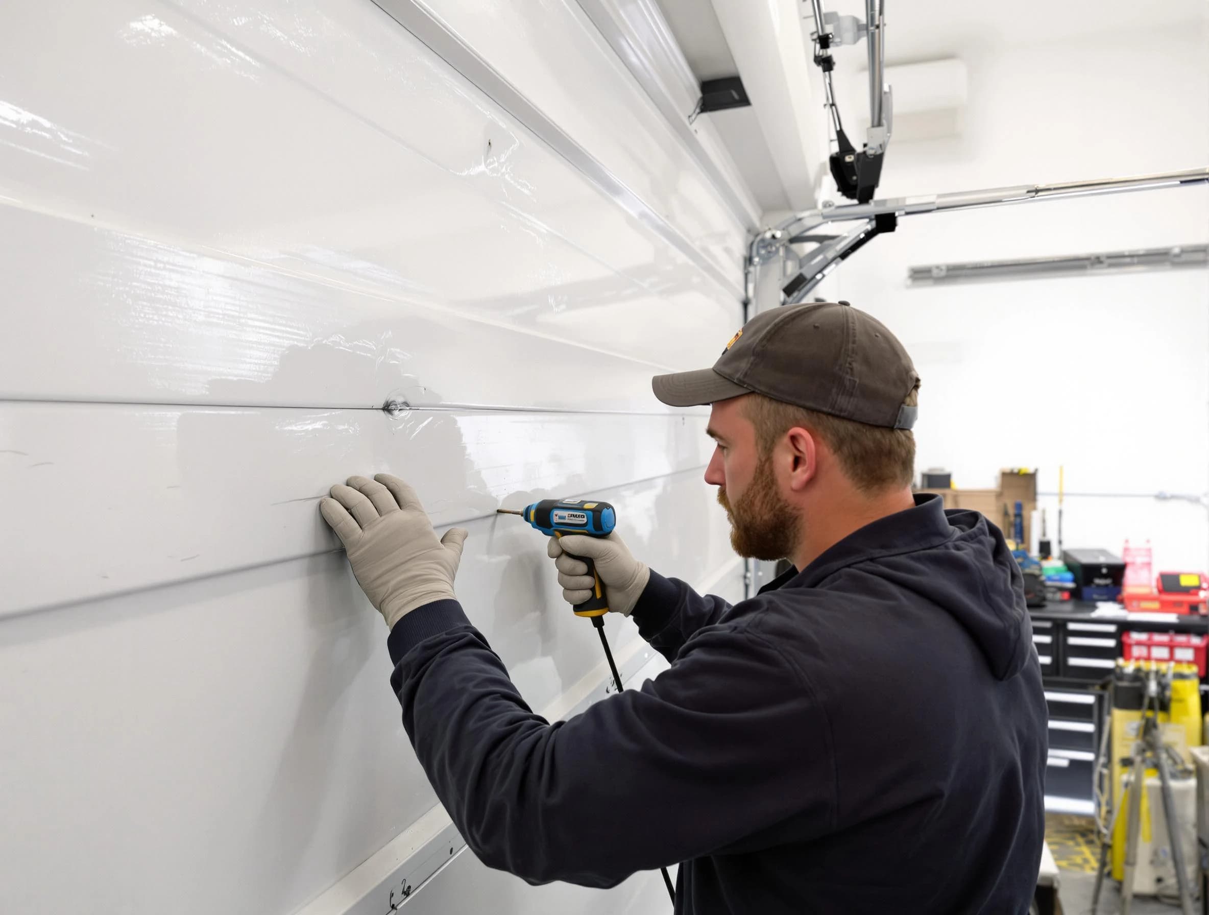 Fairburn Garage Door Repair technician demonstrating precision dent removal techniques on a Fairburn garage door